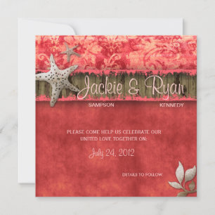 Plage Mariage Invitation Coquillage Corail Rouge