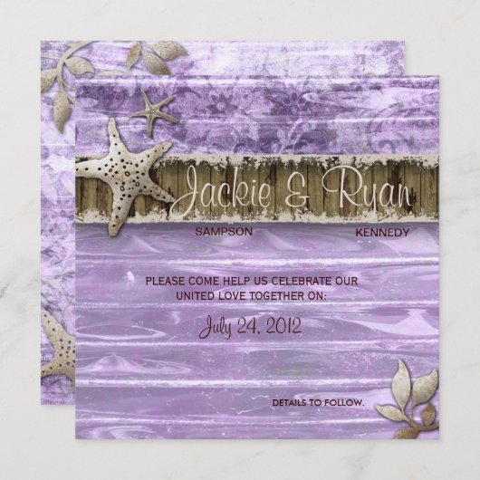 Plage Mariage Invitation Coquillage Pourpre Bois V (Devant / Derrière)