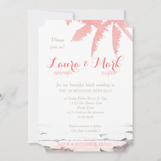 Plage Mariage Invitation Coral Palm Trees Bois (Dos)