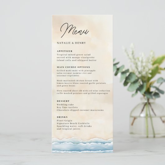 Plage Mariage Menu Modèle avec Aquarelle Océan (Debout devant)