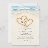 Plage Mariage Photo Invitation avec Coeurs de sabl (Devant)