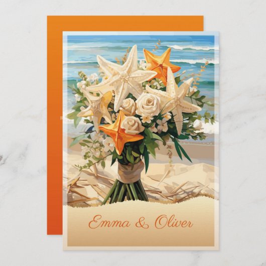 Plage Mariage Starfish Bouquet Invitation Card (Devant / Derrière)