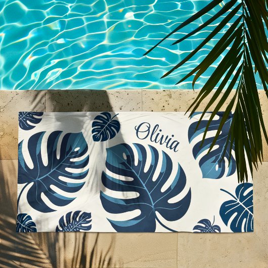 Plage Moderne Feuille de Monstera Bleu & Blanc Serviette