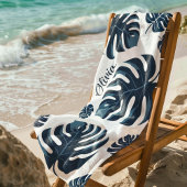 Plage Moderne Feuille de Monstera Bleu & Blanc Serviette