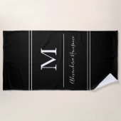 Plage Moderne Noir Monogramme Blanc Script Serviette de (Devant)