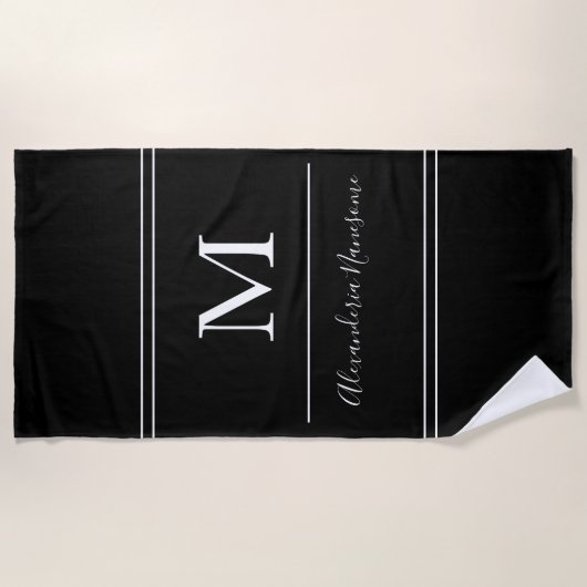 Plage Moderne Noir Monogramme Blanc Script Serviette de (Devant)