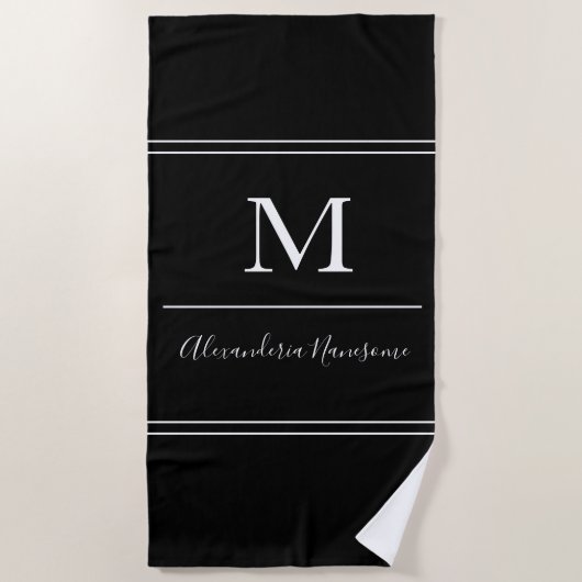 Plage Moderne Noir Monogramme Blanc Script Serviette de (Devant)
