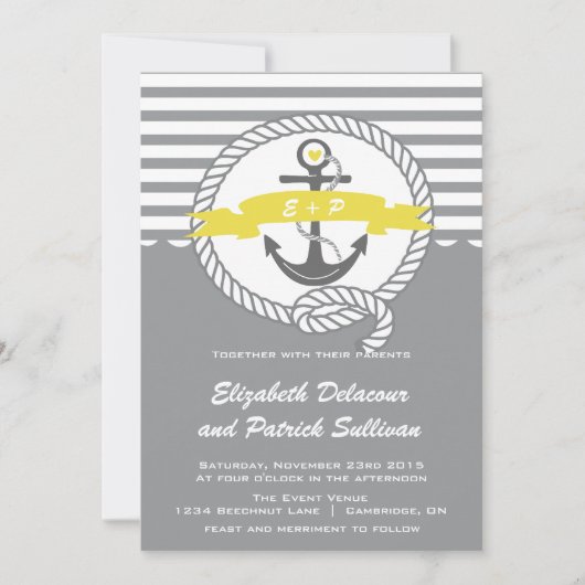 Plage nautique jaune et gris Invitation de mariage (Devant)