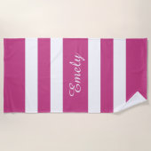 Plage Nom moderne Serviette de piscine rayée rose  (Devant)