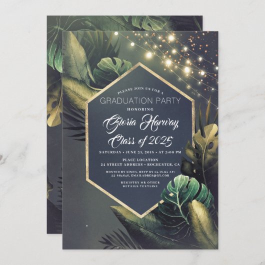 Plage Palm String Lumières Graduation Invitation (Devant / Derrière)