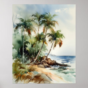 Plage Palm Trees Aquarelle Art Imprimer Poster