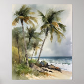 Plage Palm Trees Aquarelle Art Imprimer Poster (Devant)