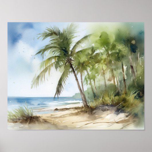 Plage Palm Trees Aquarelle Art Imprimer Poster (Devant)