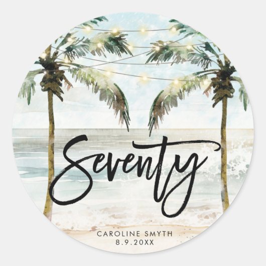 plage palmiers tropicaux autocollant 70e anniversa (Devant)
