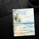 Plage palmiers tropicaux vagues 2025<br><div class="desc">Un paysage de plage tropicale couleur eau. Plage de sable,  vagues de l'océan et palmiers. Personnalisez et ajoutez année,  nom et texte.</div>