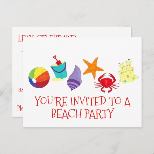 Plage Party Crab Starfish Sun Shell Invitation (Devant / Derrière)
