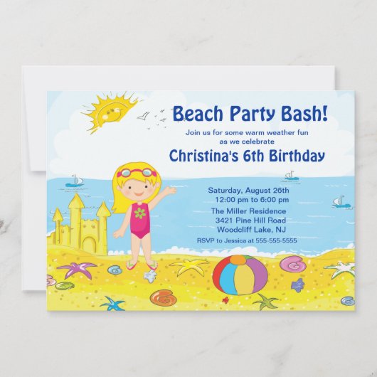 Plage party Girl Swimming Birthday Invitation (Devant)