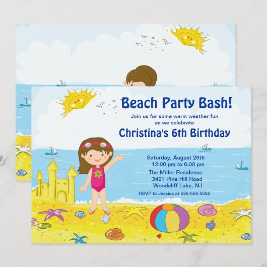 Plage party Girl Swimming Birthday Invitation (Devant / Derrière)
