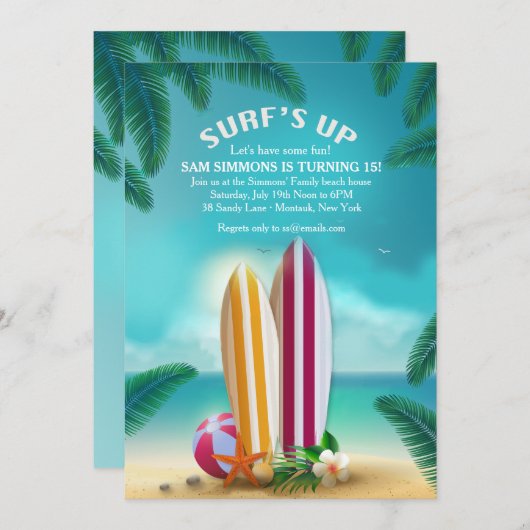 Plage Party Surfboards Invitation (Devant / Derrière)