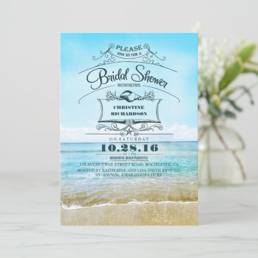 Plage rétro bleu ombre nuptiale invitations (Debout devant)