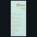 Plage Retro | Menu Dîner Mariage Aqua<br><div class="desc">Cette plage rétro | aqua menu de dîner mariage est parfait pour votre mariage d'été boho tropical vintage et coloré. Sa police bohème unique du milieu du siècle donne à ce design une ambiance minimaliste super hippie classique. Supposons que vous cherchiez un design qui présente des couleurs vives et rustiques...</div>