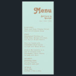 Plage Retro | Menu Dîner Mariage Aqua<br><div class="desc">Cette plage rétro | aqua menu de dîner mariage est parfait pour votre mariage d'été boho tropical vintage et coloré. Sa police bohème unique du milieu du siècle donne à ce design une ambiance minimaliste super hippie classique. Supposons que vous cherchiez un design qui présente des couleurs vives et rustiques...</div>