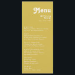 Plage Retro | Menu Mariage Gold Dinner Menu<br><div class="desc">Cette plage rétro | or menu mariage dîner est parfait pour votre simple vintage, coloré boho tropical mariage d'été. Sa police bohème unique du milieu du siècle donne à ce design une ambiance minimaliste super hippie classique. Supposons que vous cherchiez un design qui présente des couleurs vives et rustiques de...</div>