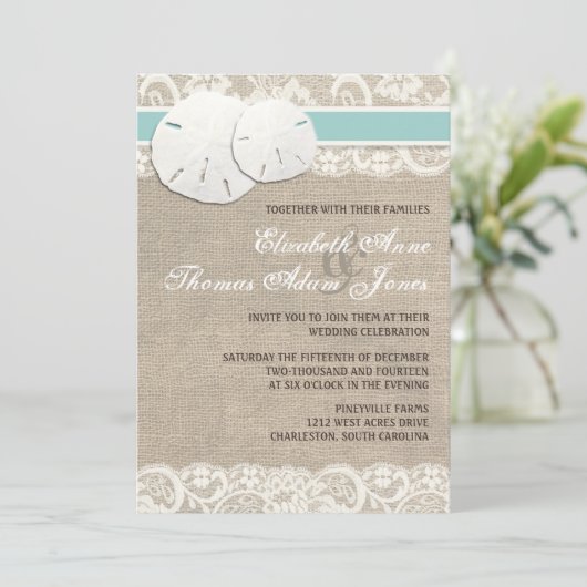 Plage Rustique Burlap Lace Faire-part de mariage (Debout devant)