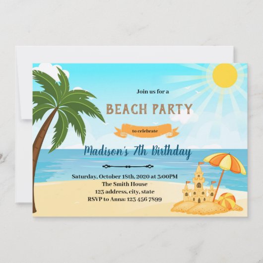 Plage sable château invitation anniversaire (Devant)