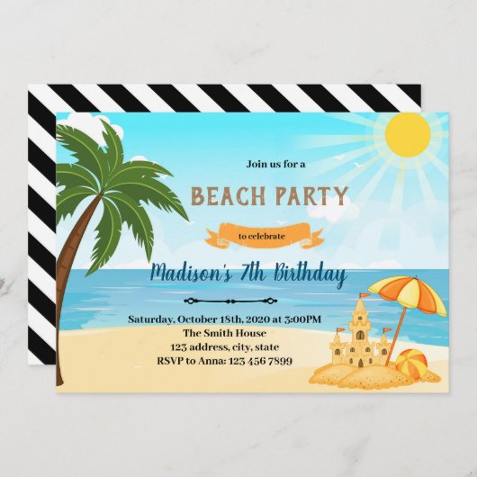 Plage sable château invitation anniversaire (Devant / Derrière)