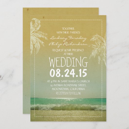 PLAGE sable mer vagues & palmiers faire-part de ma (Devant / Derrière)