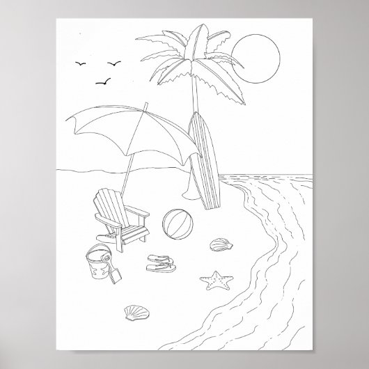 Plage Scène Adulte Coloriage Poster (Devant)
