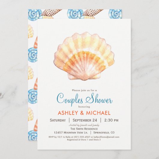 Plage Seashell Couples Douche Invitation (Devant / Derrière)