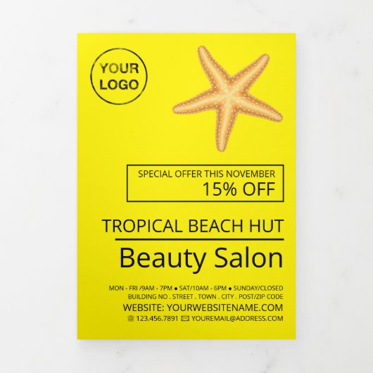 Plage Starfish, Salon de beauté Tri-Fold Flyer (Page de couverture)