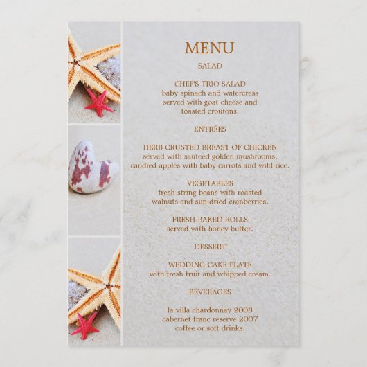 Plage Thème Starfish et Heart Mariage Carte Menu (Dos)