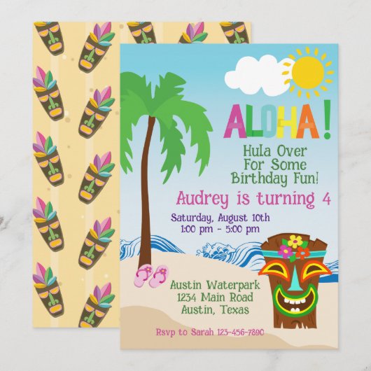 Plage tropicale Aloha Luau Invitation Anniversaire (Devant / Derrière)