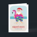 Plage Tropicale de Père Noël Pool Flottant Vacance<br><div class="desc">Cette adorable carte de vacances présente une Père Noël tropicale dessinée à la main, portant des maillots de bain colorés et un flotteur fuchsia flamingo ! L'arrière - plan comprend la plage de sable, l'océan et le ciel. Facile à customiser avec votre propre texte à l'avant et à l'intérieur de...</div>