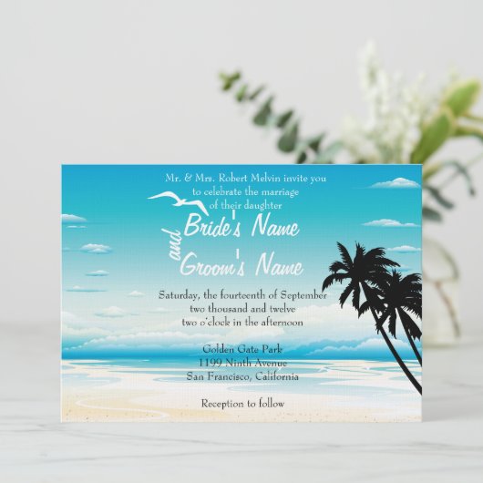 Plage tropicale Faire-part de mariage florale (Debout devant)