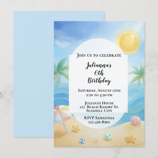 Plage tropicale Invitation d'anniversaire (Devant / Derrière)
