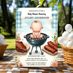Plaid Babyq Fun Food Steak Beef BBQ Baby shower Kaart