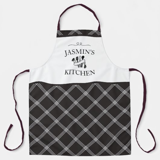 Plaid Black White Tartan Farmhouse Kitchen Schort (Voorkant)