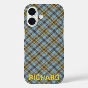 Plaid Blauw en Goud Naam Sjabloon iPhone 16 Hoesje