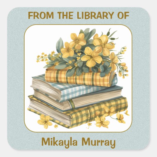 Plaid Boeken en Gele Bloemen Bookplate Vierkante Sticker (Voorkant)