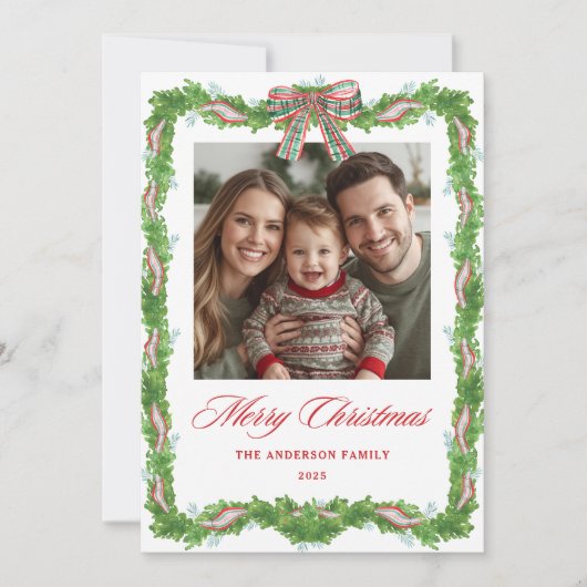 Plaid Bow Greenery Frame Photo Feestdagenkaart (Voorkant)
