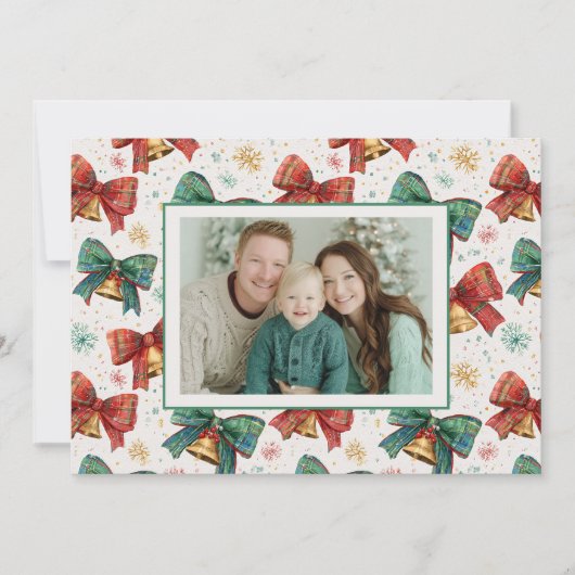 Plaid Bows Bells Photo Carte de Noël (Devant)