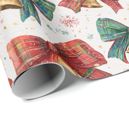 Plaid Bows Bells Retro Kerstmis Cadeaupapier (Rol Hoek)