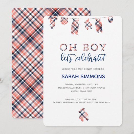 Plaid Boy Clothesline Baby shower Uitnodiging (Voorkant / Achterkant)