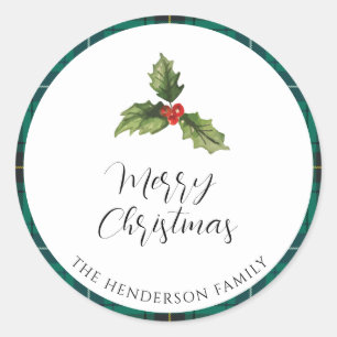 Plaid Christmas Mistletoe Tartan Retouradres Ronde Sticker