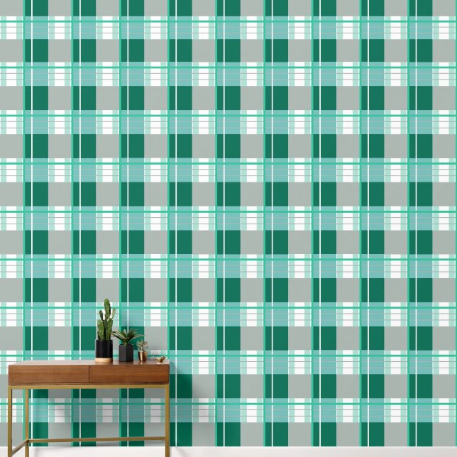 Plaid effect fris groen, blauwgroen, grijs en wit behang (Hal)