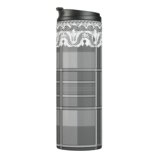 Plaid en kant zwart wit grijs schattig girly thermosbeker (Geroteerd rechts)